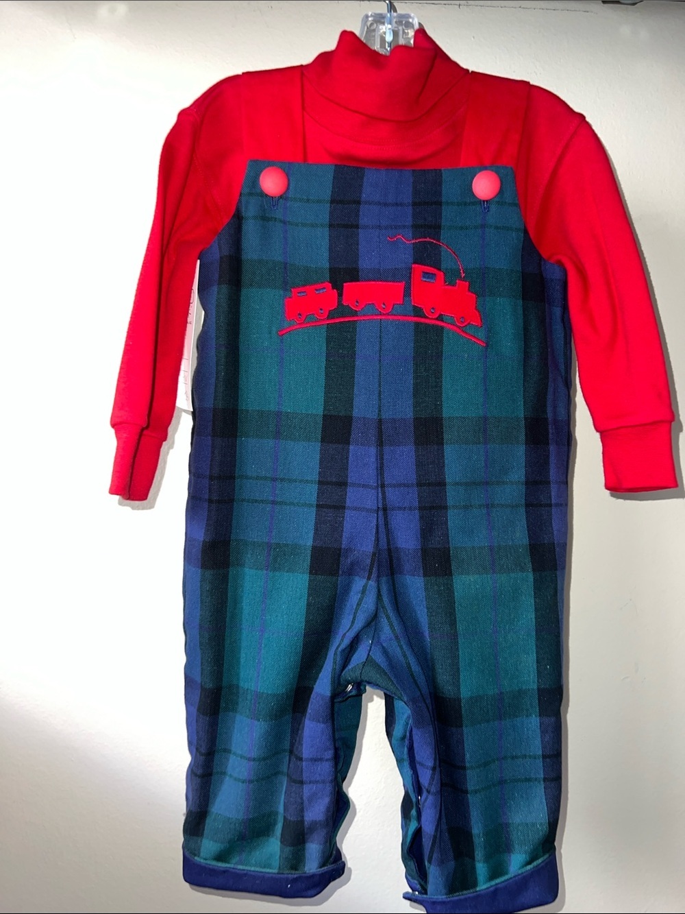 Red Turtleneck & Blue and Blue Green Plaid Reversible Overall set With Fireman​